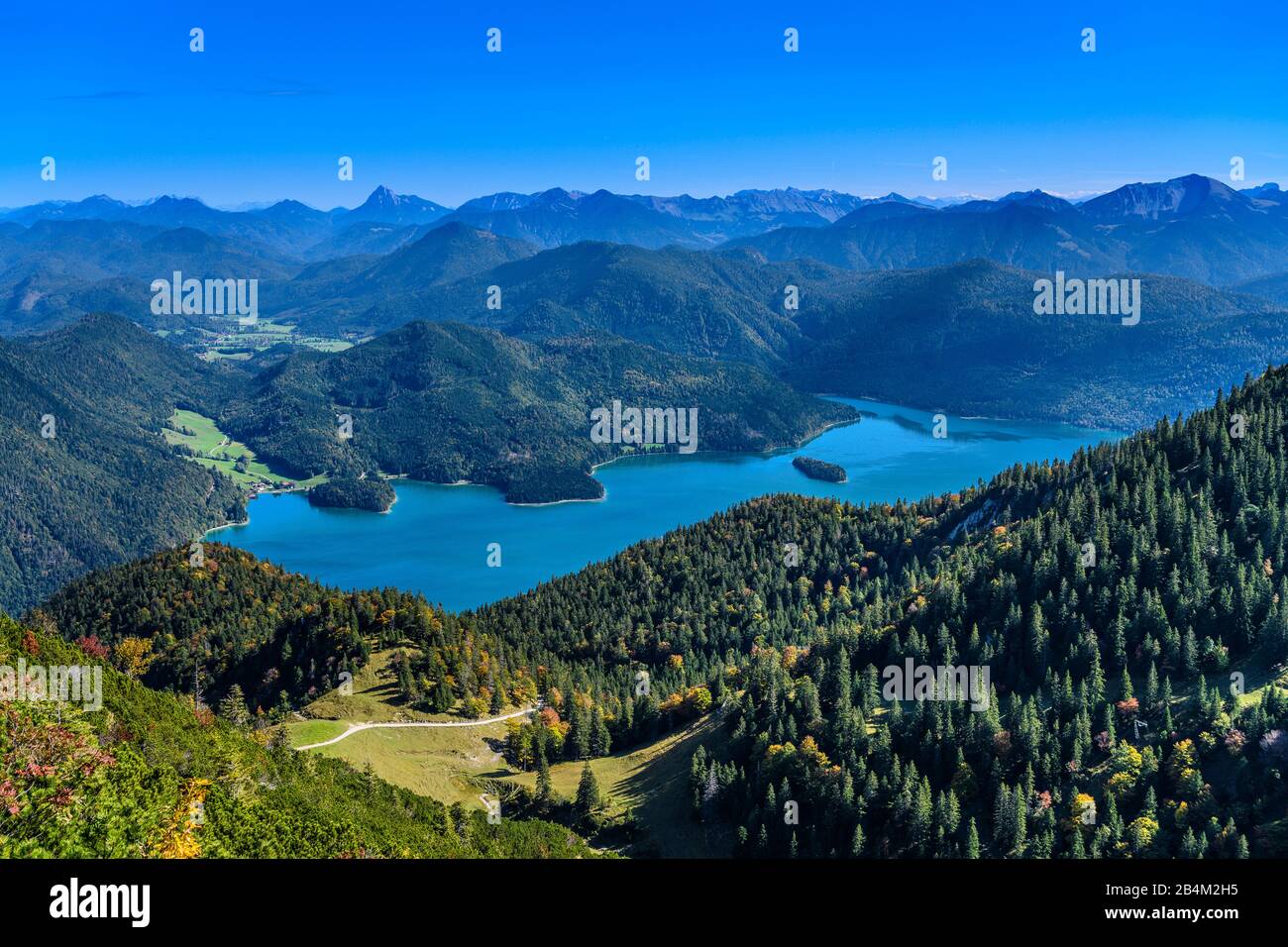 Deutschland, Bayern, Oberbayern, Tölzer Land, Kochel am See, Herzogstand, Walchensee, Blick vom Herzogstandgipfel Stock Photo