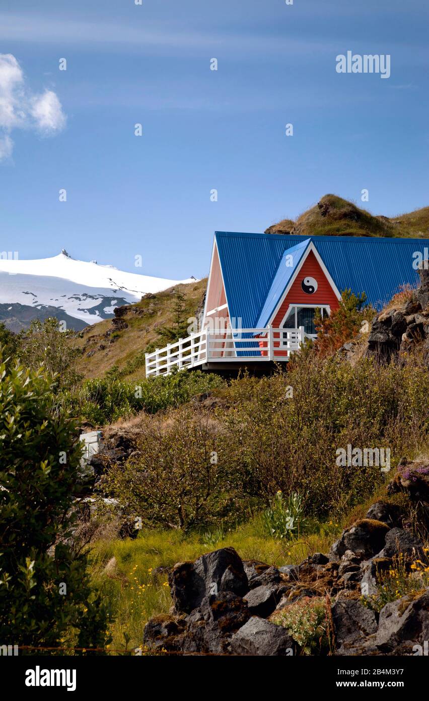 Snæfellsjökull-Nationalpark, Haus, Schnee, Gipfel, Island Stock Photo