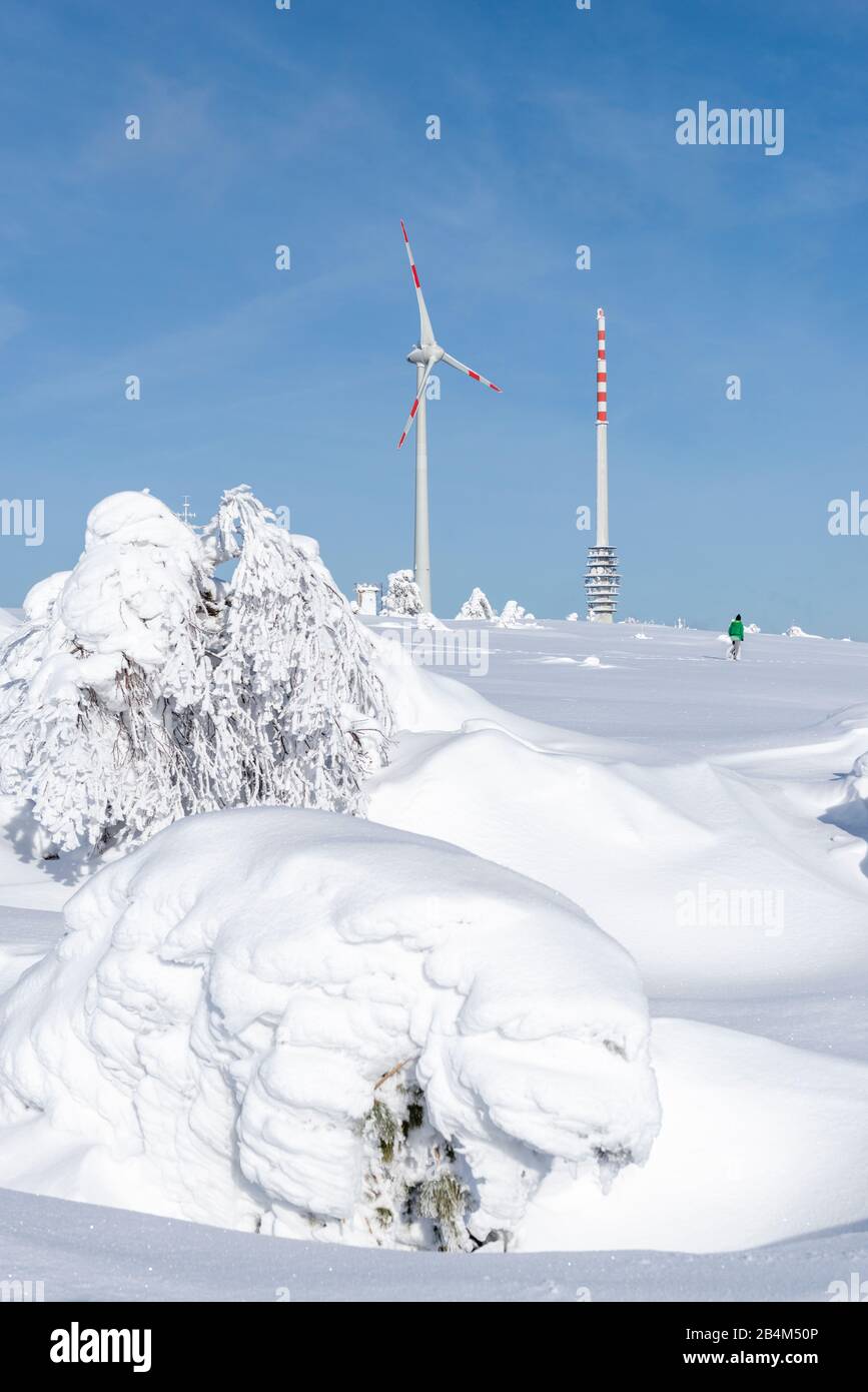 Deutschland, Baden-Württemberg, Schwarzwald, die Hornisgrinde. Im Hintergrund Windkraftanlage und der SWR-Sendeturm. Stock Photo