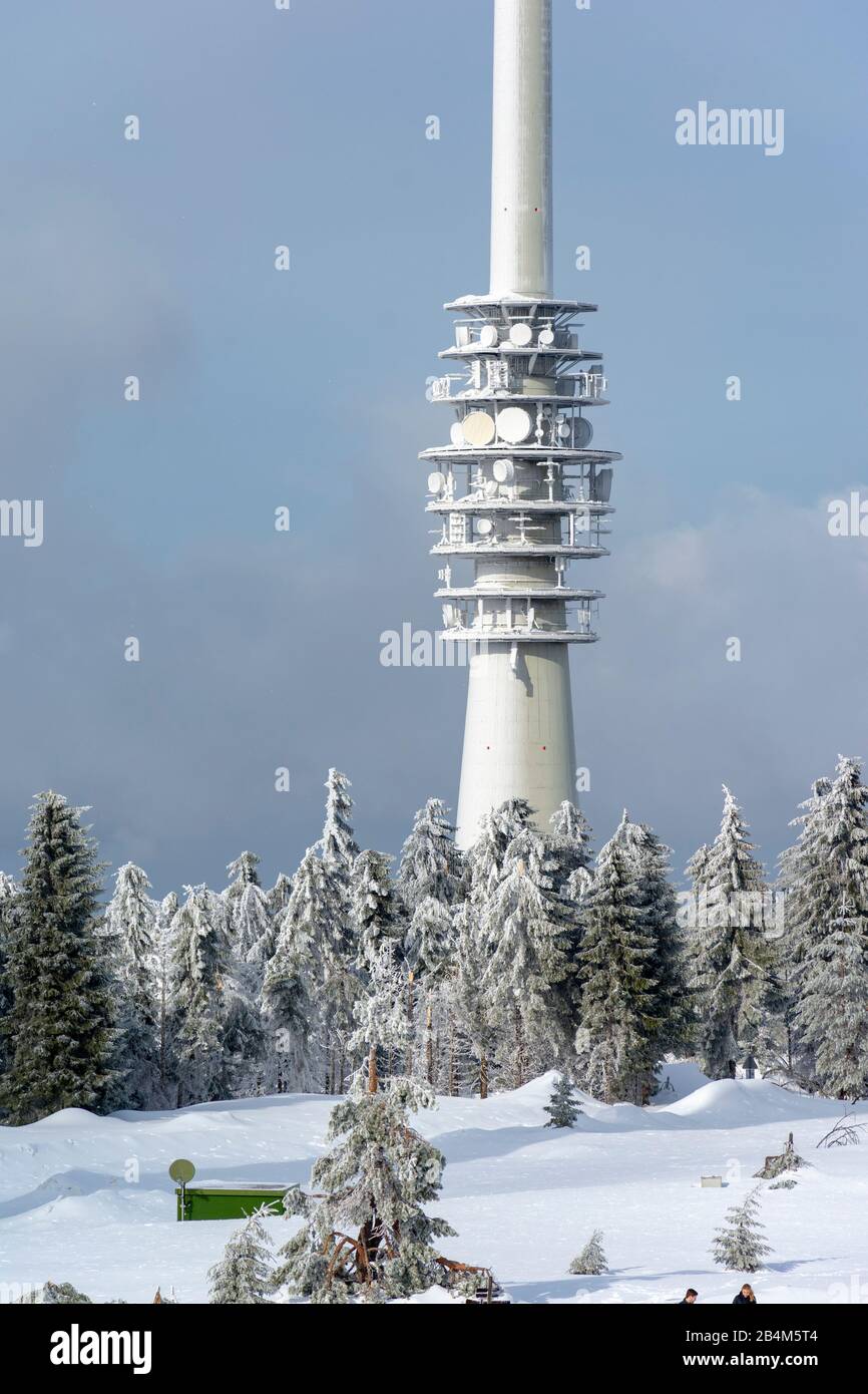 Germany, Baden-Wuerttemberg, Black Forest, Hornisgrinde, SWR transmission tower. Stock Photo