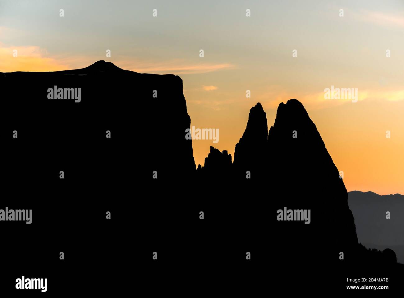 Italy, South Tyrol, Dolomites, Seiser Alm, dusk over Schlern Stock Photo