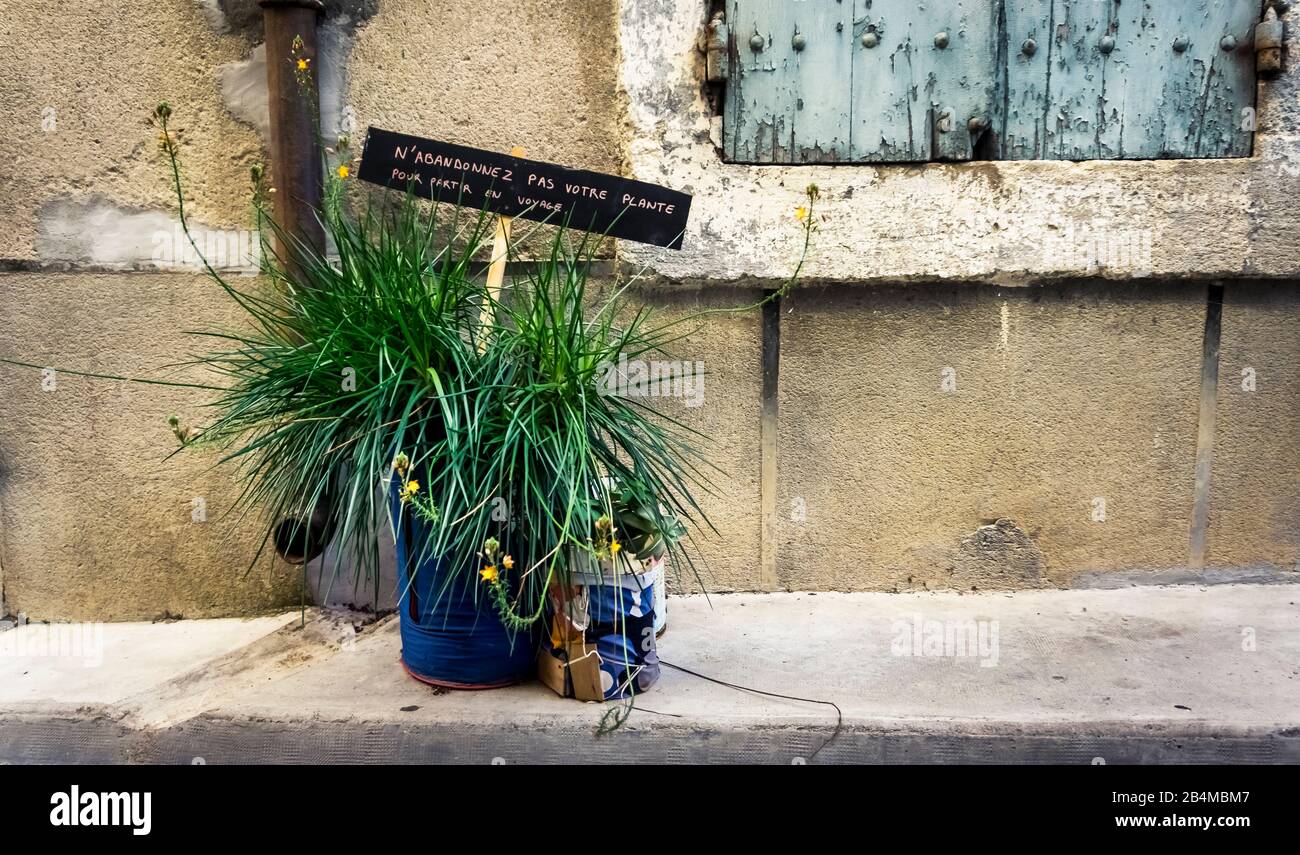 'Don't leave your plant to travel,' title of an installation in Bize Minervois Stock Photo