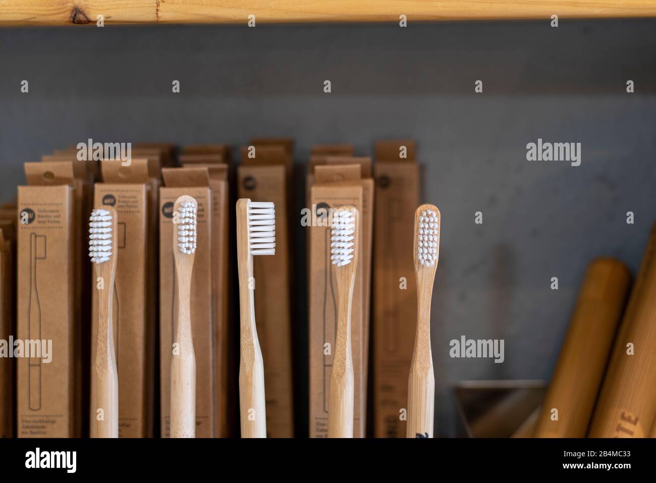 View of toothbrushes in an unwrapped shop Stock Photo