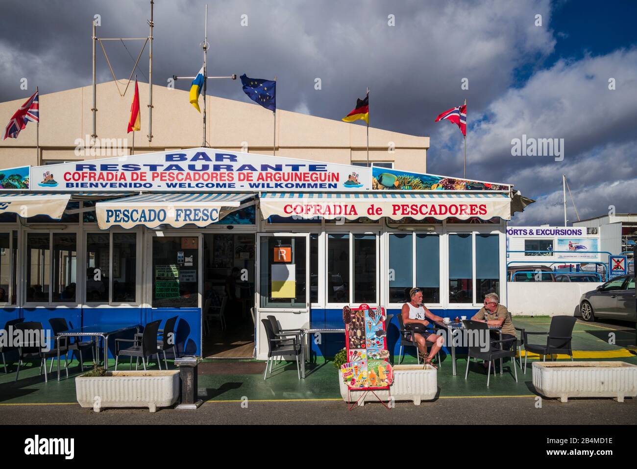 Spain, Canary Islands, Gran Canaria Island, Arguineguin, Cofradia de Pescadores, famed seafood restaurant, NR Stock Photo