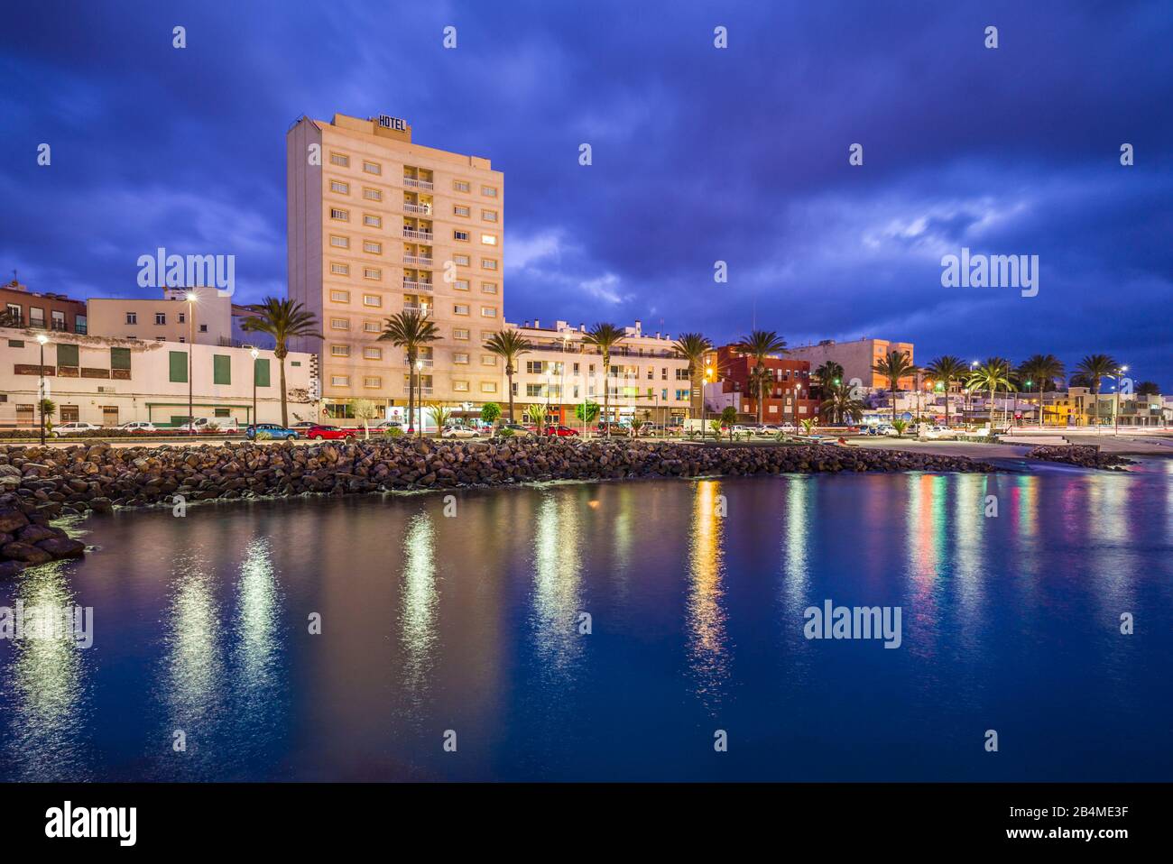 Spain, Canary Islands, Fuerteventura Island,  Puerto del Rosario, harborfront, dawn Stock Photo