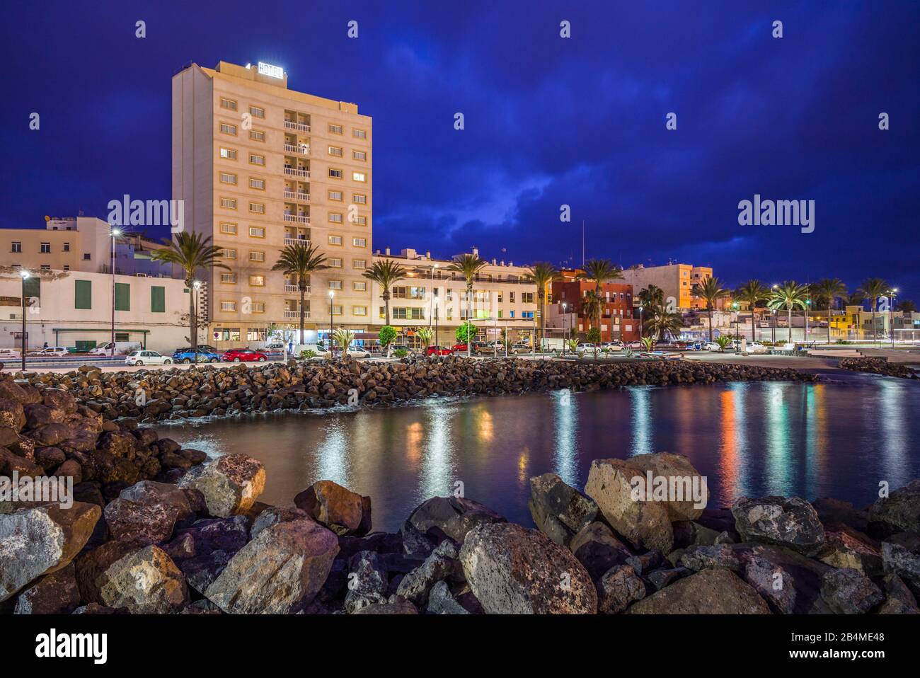 Spain, Canary Islands, Fuerteventura Island, Puerto del Rosario, harborfront, dawn Stock Photo