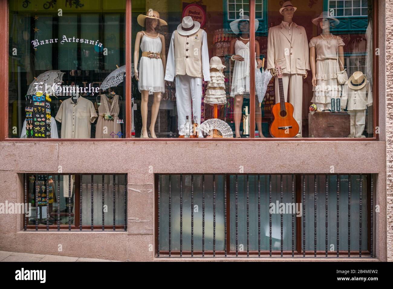 Spain, Canary Islands, La Palma Island, Santa Cruz de la Palma, clothing shop with Carnival Costumes Stock Photo