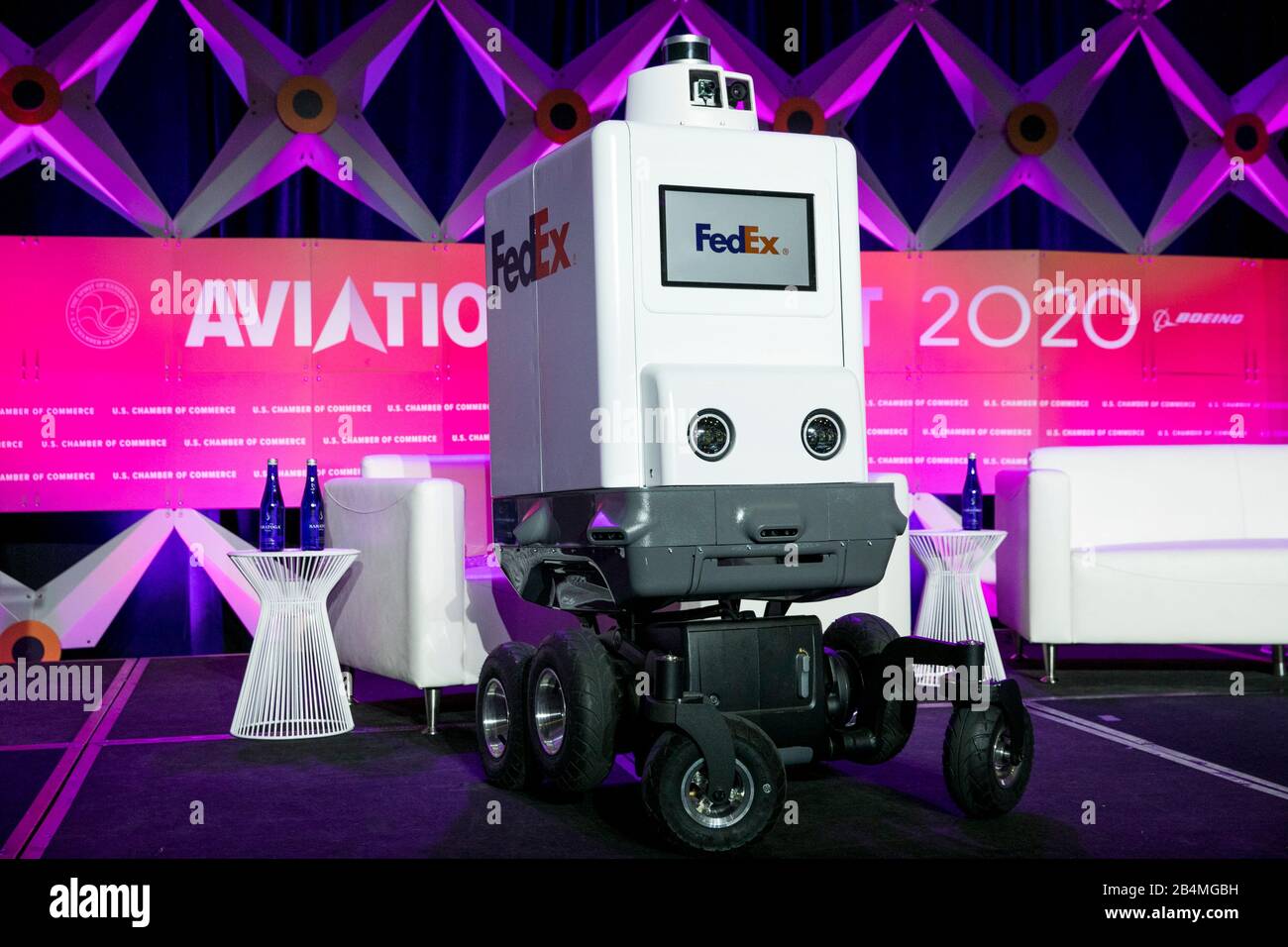 A FedEx Roxo SameDay Delivery Bot on display at the U.S. Chamber of Commerce Aviation Summit in Washington, D.C. on March 5, 2020. Stock Photo