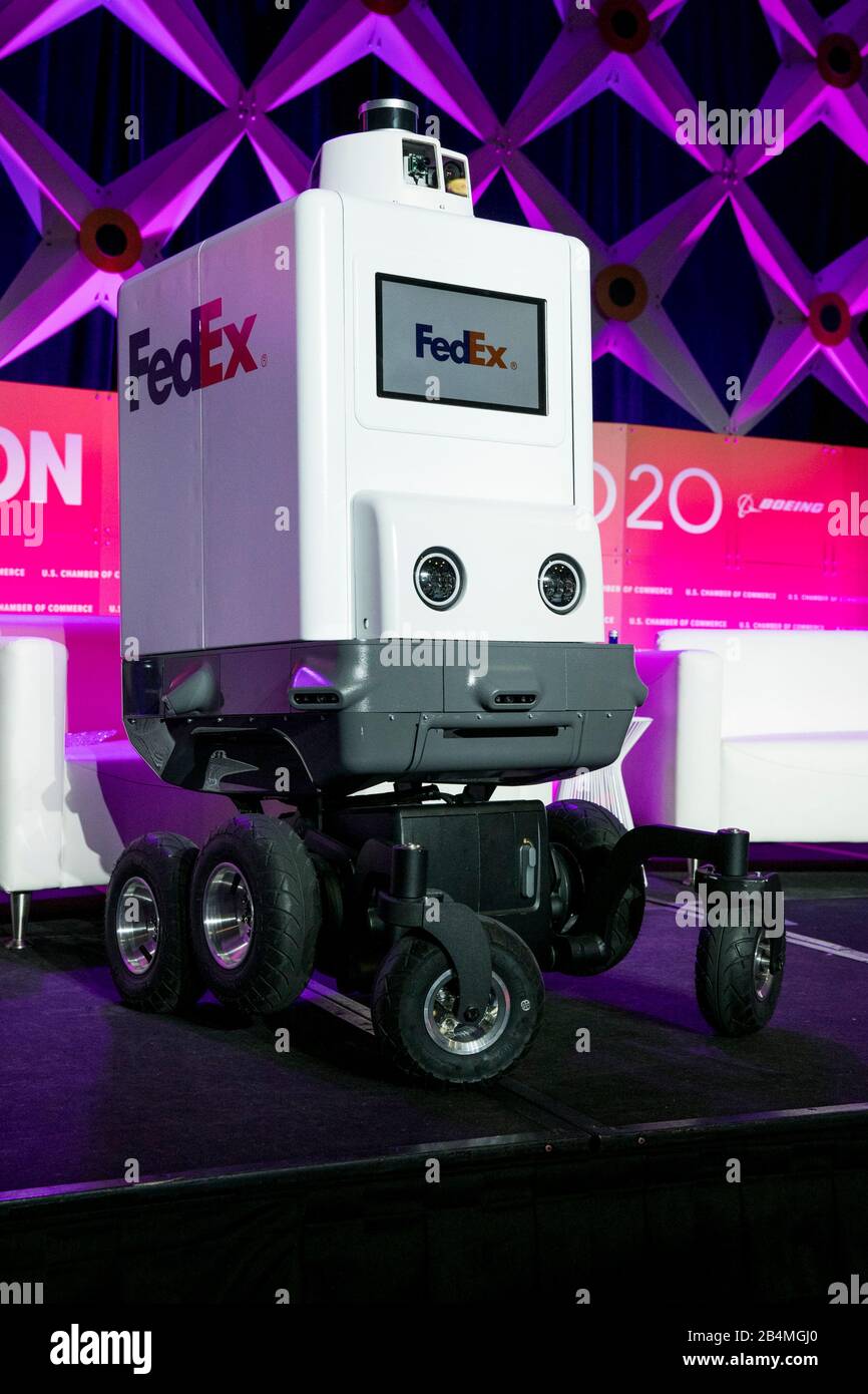 A FedEx Roxo SameDay Delivery Bot on display at the U.S. Chamber of Commerce Aviation Summit in Washington, D.C. on March 5, 2020. Stock Photo