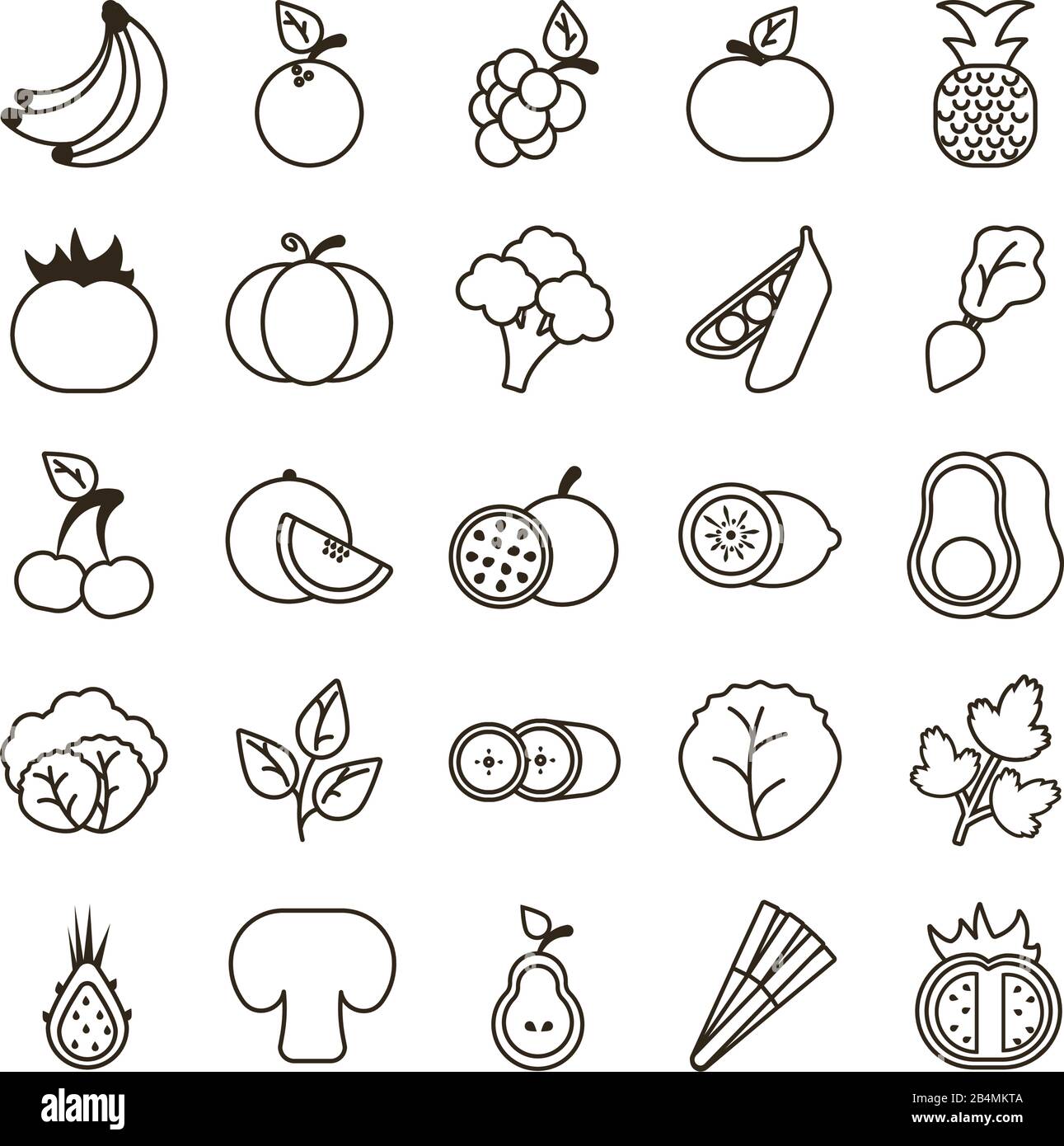 set of icons of fresh fruits and vegetables, line style icon vector ...