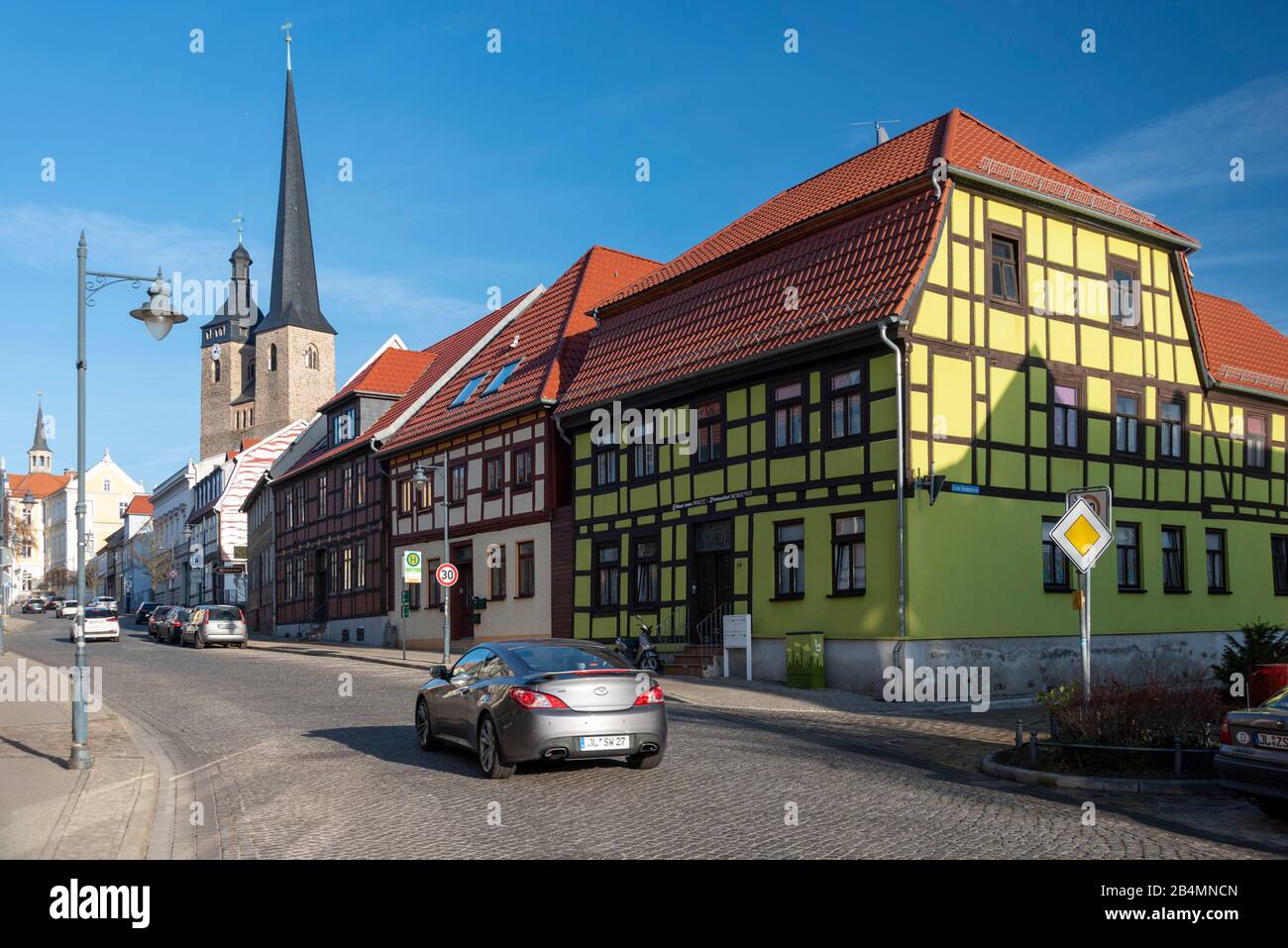 Germany, Saxony-Anhalt, castle, half-timbered houses, Church of Our Lady, birthplace of the military theorist Carl von Clausewitz and the writer Brigitte Reimann. Stock Photo