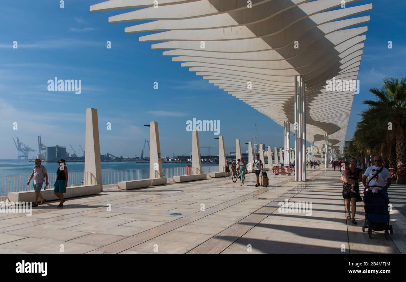 One day in Malaga; Impressions from this city in Andalusia, Spain. The beautiful modern boulevard promenade 'El Palmeral de las Sorpresas' by architect Jerónimo Junquera. Stock Photo