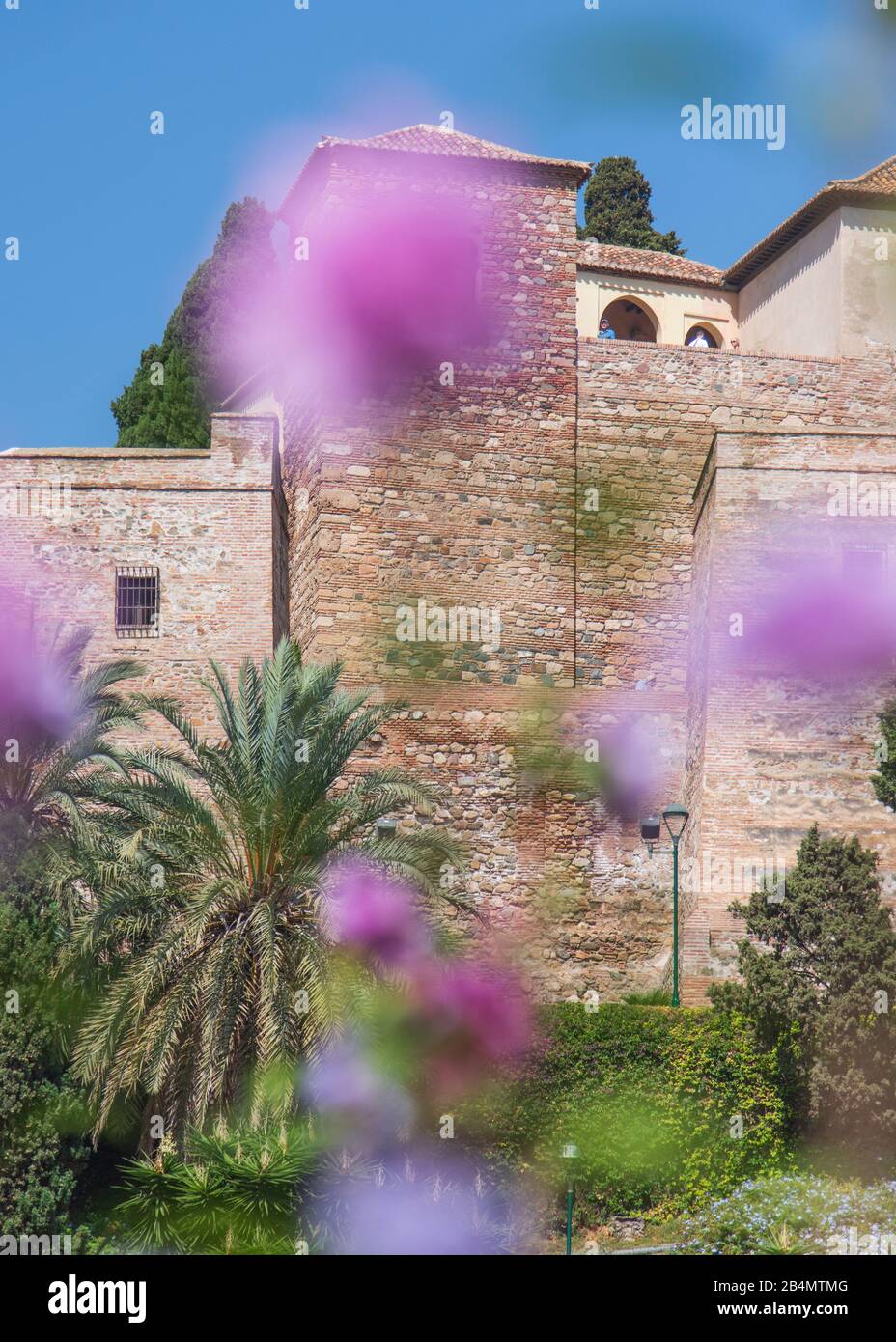 One day in Malaga; Impressions from this city in Andalusia, Spain. The Alcazaba with flowers in the foreground. Stock Photo