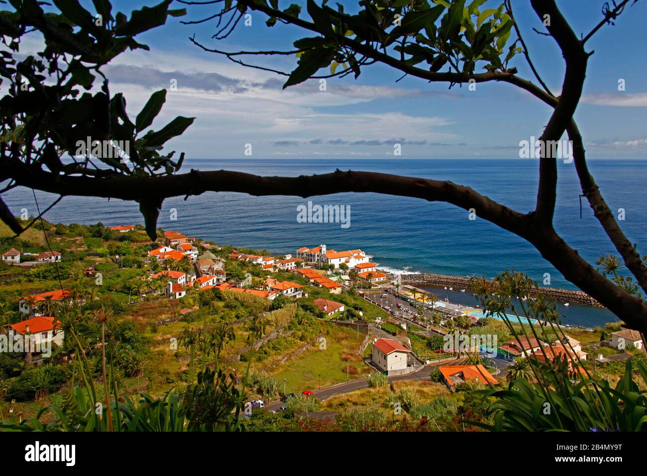 Sanctuary of Igreja do Senhor Bom Jesús, port, place of pilgrimage Ponta Delgada, swimming pool, Atlantic Ocean, Madeira, Portugal Stock Photo