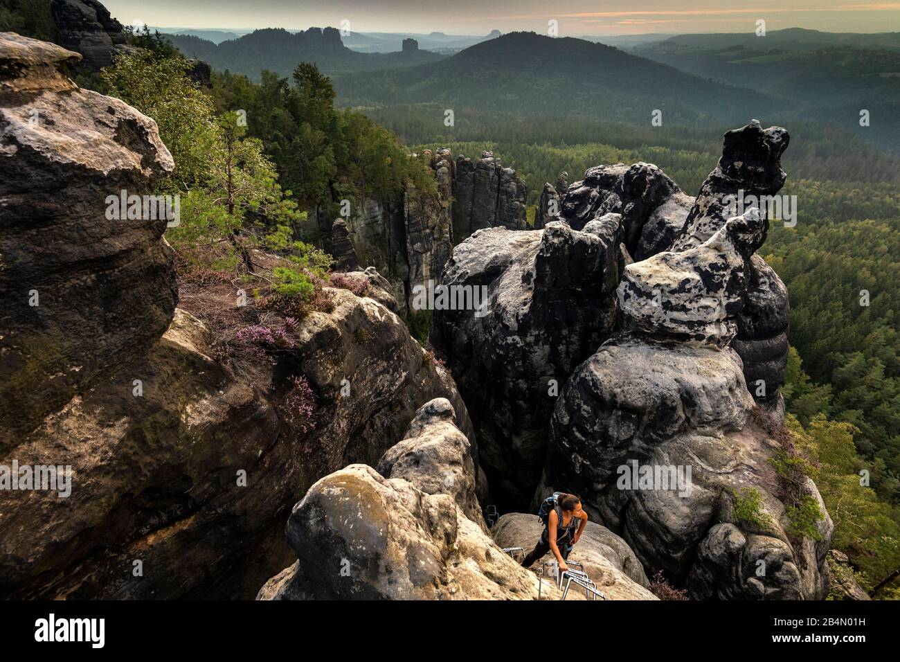 Young woman at the summit of the Häntzschelstiege, a via ferrata in Saxon Switzerland. The climbing aids in the foreground Stock Photo