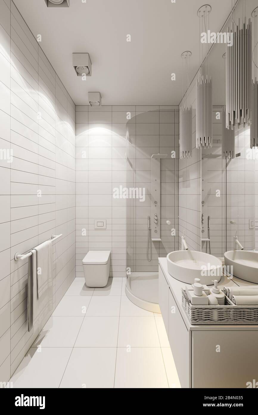 3d Render Interior Design Of The Bathroom With A Corner Shower Illustration Of The Interior In A Modern Style In Beige Tones Vertical 3d Image Stock Photo Alamy