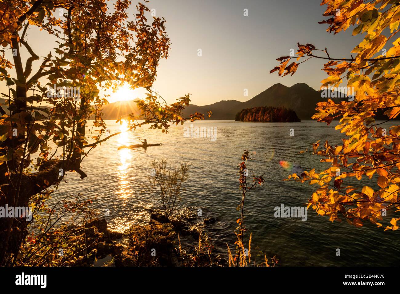 Goldene Lichtstimmung im Herbst am Ufer des Walchensee in den bayrischen Voralpen. Im Vordergrund Herbstlaub, im Hintergrund die Insel Sassau und der Stock Photo
