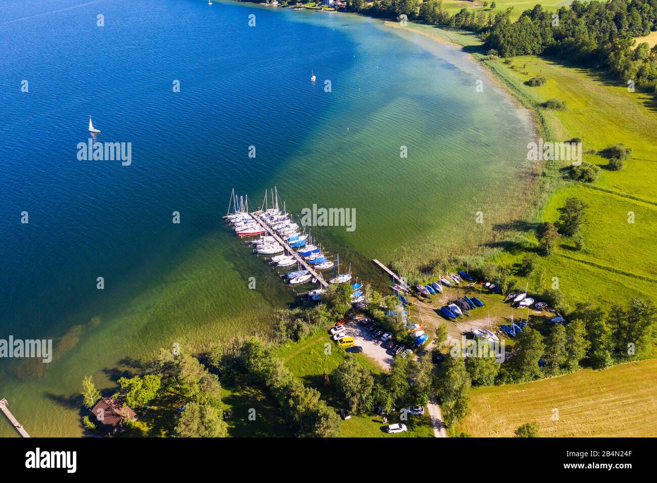 Boat dock in Seeseiten, near Seeshaupt, Starnberger See, Fünfseenland, aerial view, Upper Bavaria, Bavaria, Germany Stock Photo