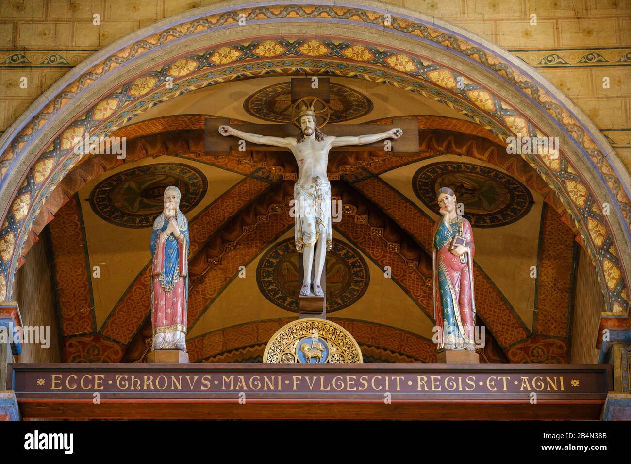 Crucifix over chancel, Schottenkirche St. jakob, Regensburg, Upper Palatinate, Bavaria, Germany Stock Photo