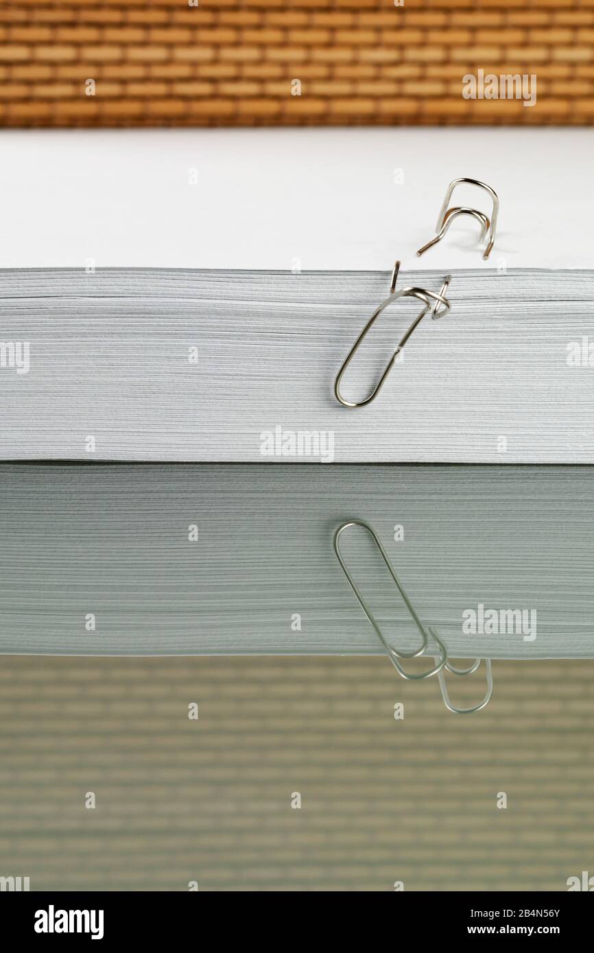 Paper clips climb a stack of paper, reflection Stock Photo