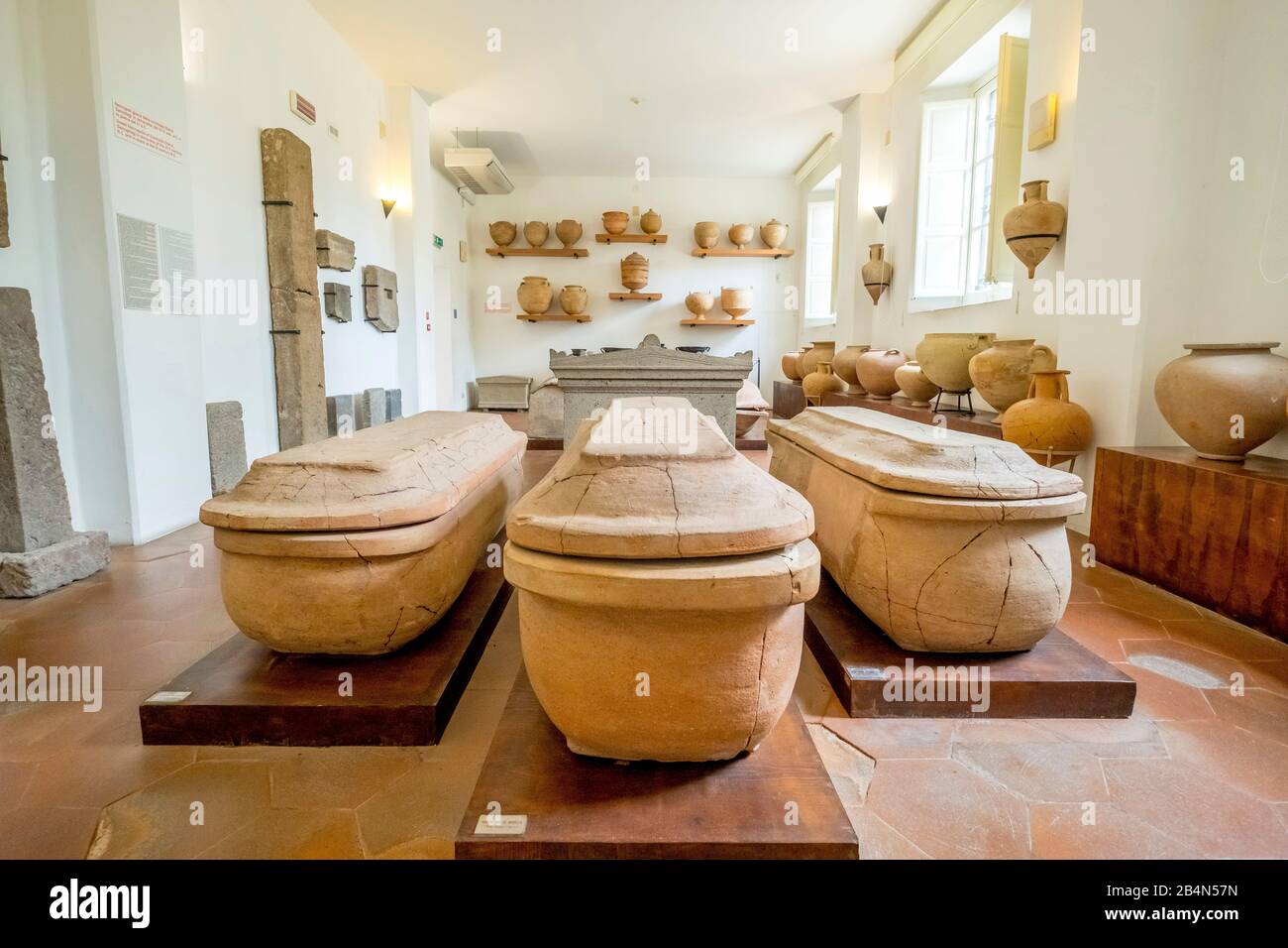 Clay coffins, historical clay coffin, Museo archeologico regional eoliano, Archaeological Museum of the Aeolian Islands, founder Luigi Bernabò Brea, Lipari, Aeolian Islands, Aeolian Islands, Tyrrhenian Sea, Southern Italy, Europe, Sicily, Italy Stock Photo