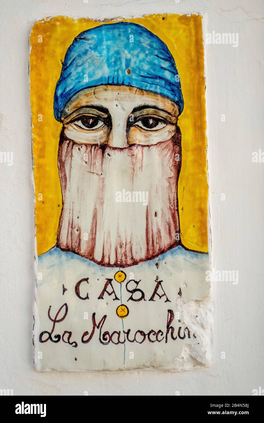 Sign The Moroccan House, casa la marocchin, artistically designed tile, Panarea, Aeolian Islands, Aeolian Islands, Tyrrhenian Sea, Southern Italy, Europe, Sicily, Italy Stock Photo