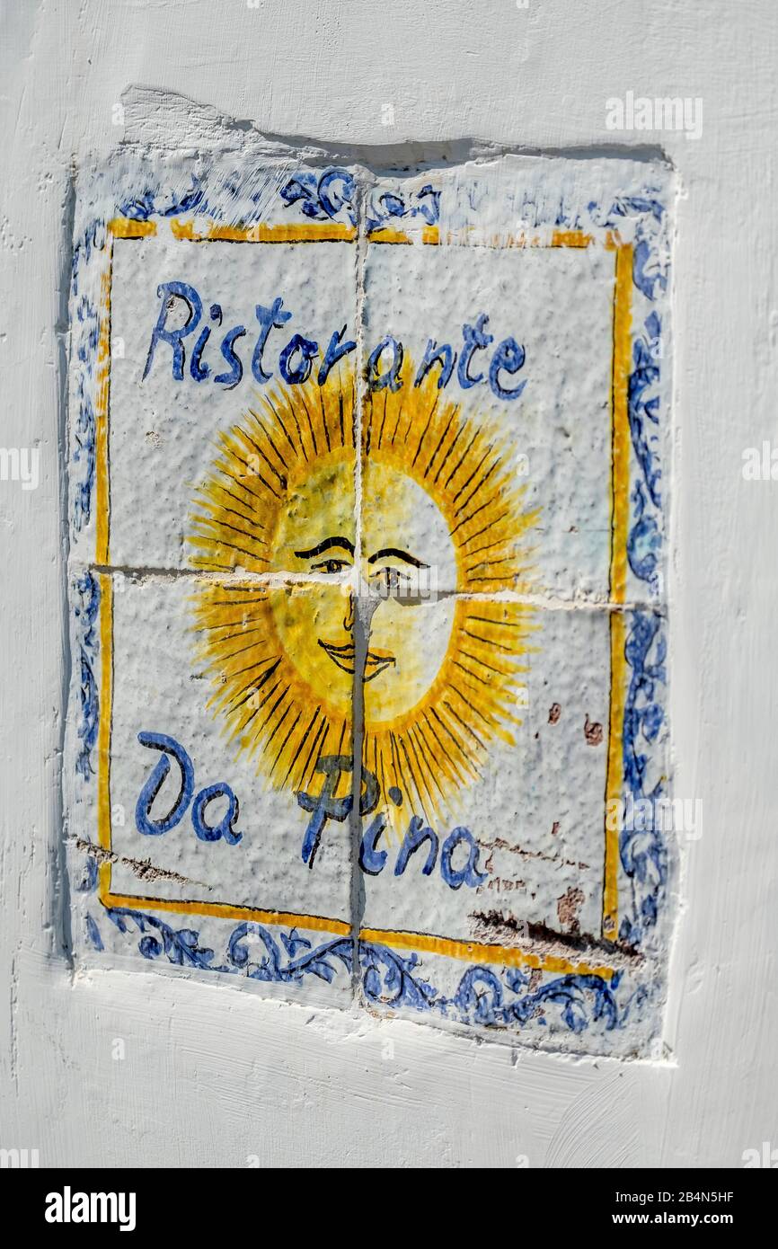Ristorante Da Pina, Panarea, artistically designed tile with sun, Aeolian Islands, Aeolian Islands, Tyrrhenian Sea, Southern Italy, Europe, Sicily, Italy Stock Photo