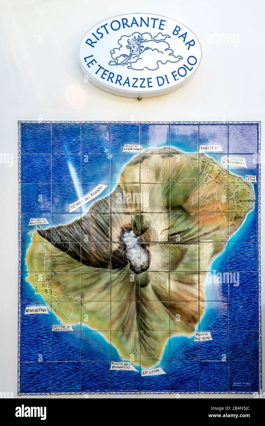 Representation of the island of Stromboli on tiles, Stromboli, Aeolian Islands, Aeolian Islands, Tyrrhenian Sea, Southern Italy, Europe, Sicily, Italy Stock Photo
