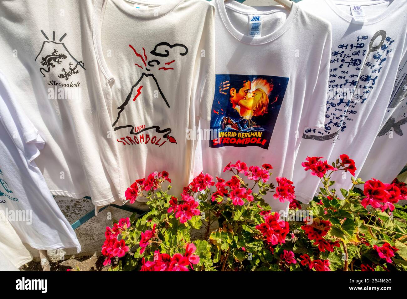 Stromboli T-Shirts with Ingrid Bergman logo, Stromboli, Aeolian Islands, Aeolian Islands, Tyrrhenian Sea, Southern Italy, Europe, Sicily, Italy Stock Photo