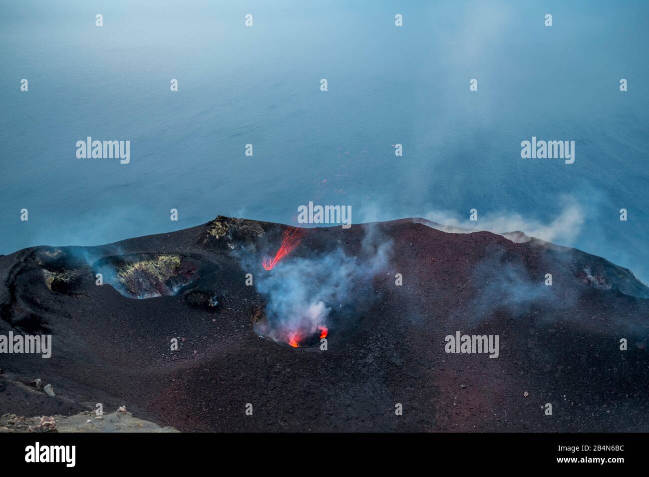 Crater with cloud of smoke and fire of Stromboli volcano, Lipari, Aeolian Islands, Aeolian Islands, Tyrrhenian Sea, Southern Italy, Europe, Sicily, Italy Stock Photo