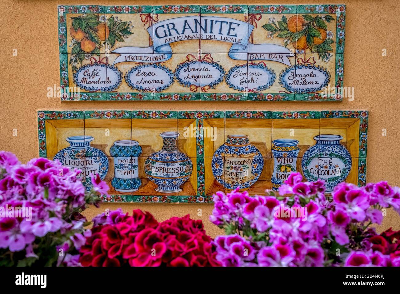 Wall with ceramic painting tiles, Taormina, southern Italy, Europe, Sicily, Italy Stock Photo