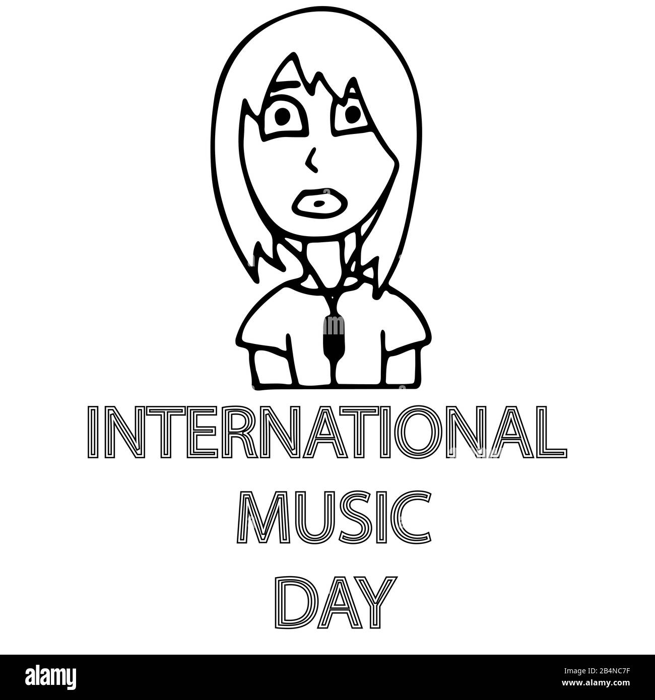 International Music Day isolated on white. woman in earphones. Easy to edit vector template for typography poster, flyer, banner, etc. stock outline i Stock Vector