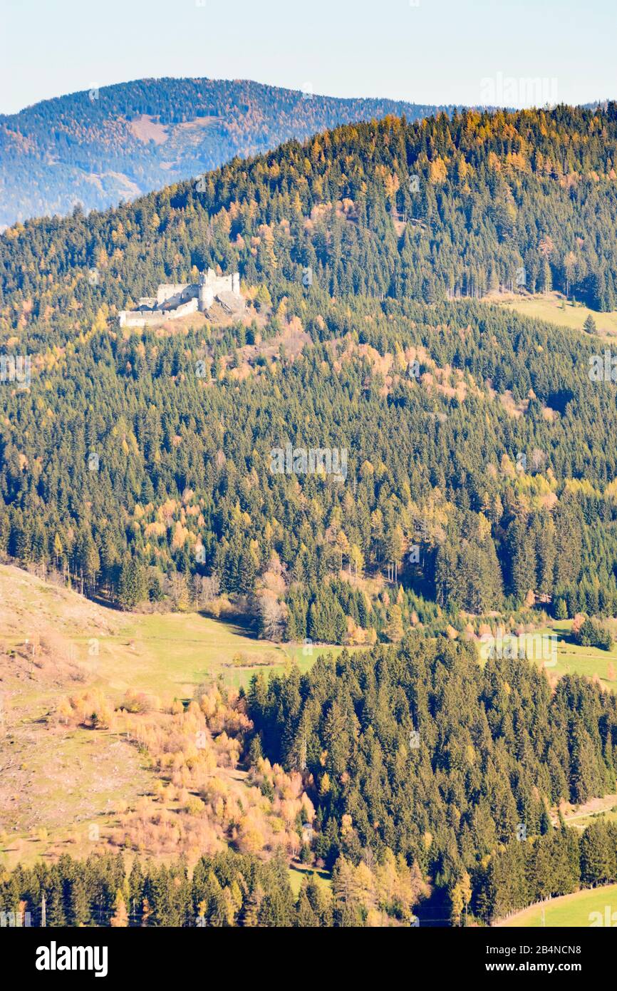 Neumarkt in der Steiermark, castle ruin Steinschloss, nature park Zirbitzkogel-Grebenzen, mountain in Austria, Styria, Murau-Murtal Stock Photo