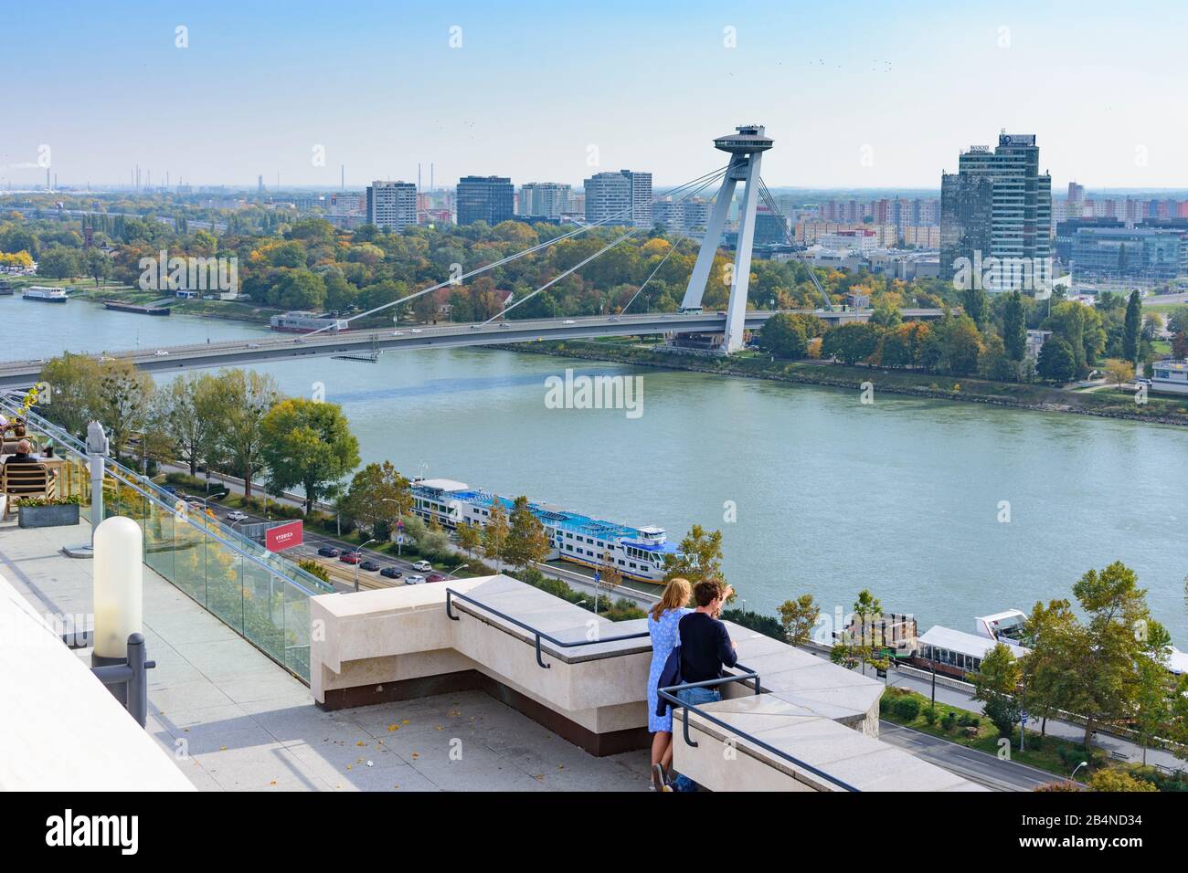 Bratislava (Pressburg), river Donau (Danube), Most SNP (Bridge of the Slovak National Uprising), UFO restaurant in Slovakia, Stock Photo