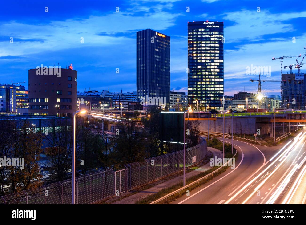 Vienna, headquarters of Wiener Linien, Wien Energie, and Wiener Stadtwerke in Orbi Tower (from left to right), district Erdberg in Austria, Wien, 03. Landstraße Stock Photo