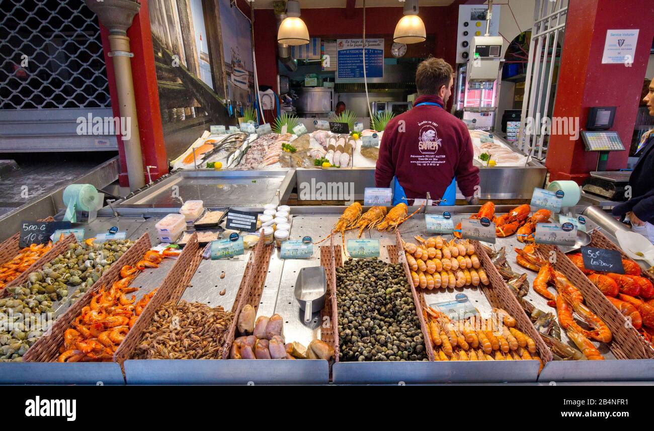 Fish and seafood market. Trouville-sur-Mer is a French seaside resort in the Calvados department in Normandy. Stock Photo