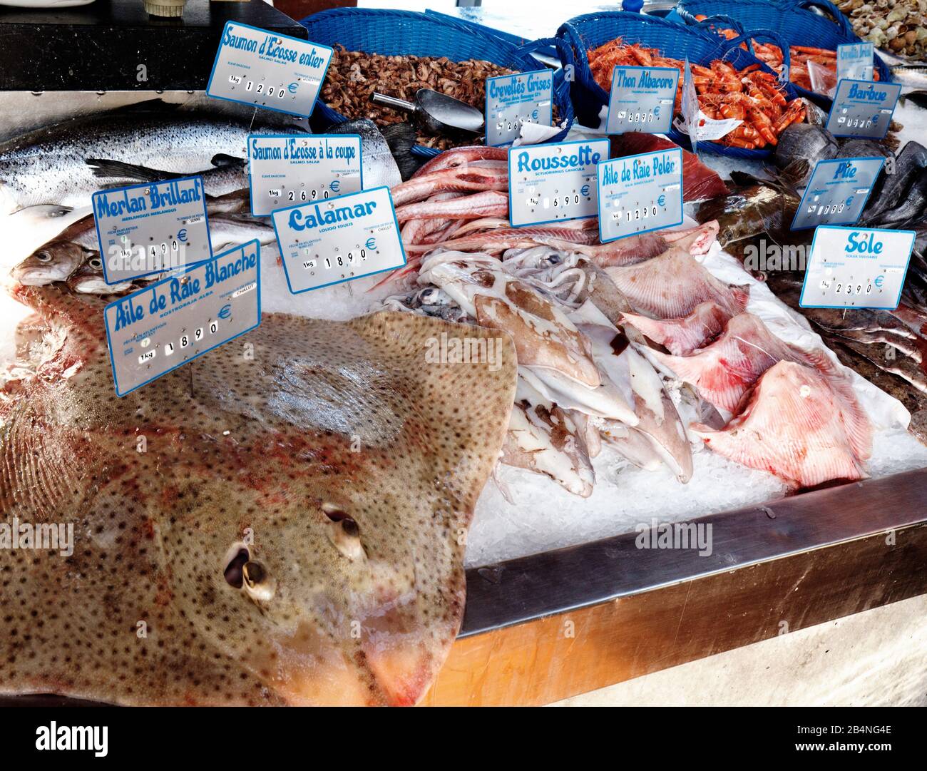 Fish market in Port-en-Bessin-Huppain. A French commune with a port in Calvados in the Normandy region. Stock Photo