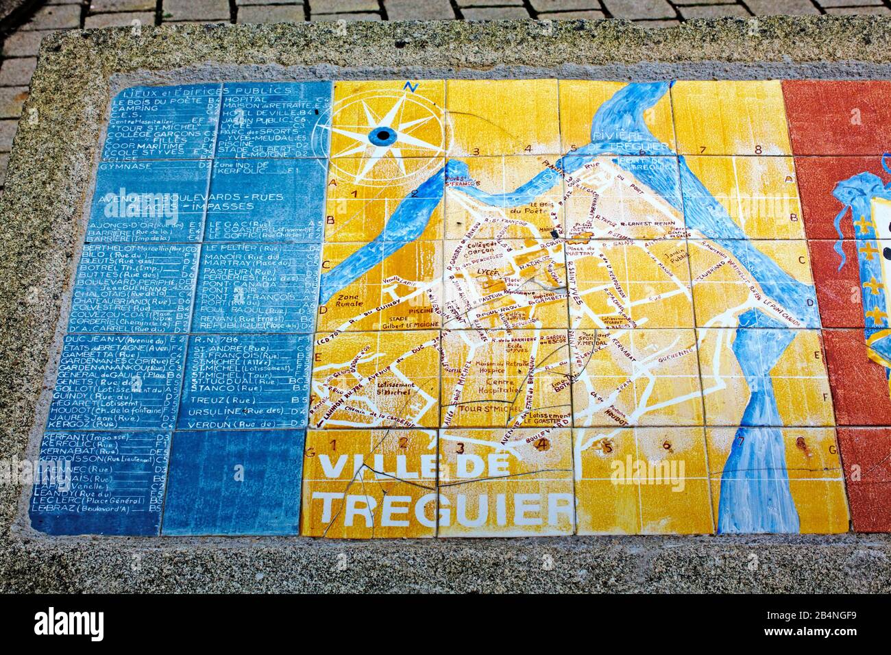 Local map of Tréguier painted on floor tiles. Tréguier is a commune in the Côtes-d'Armor department in Brittany; Tréguier is the historic capital of the Trégor. Stock Photo