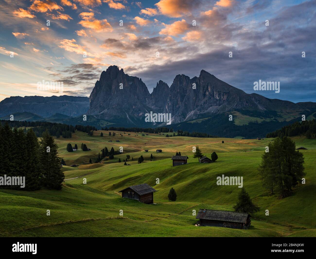 Alpe di Siusi, view to Plattkofel and Langkofel, South Tyrol, Dolomites, Italy Stock Photo
