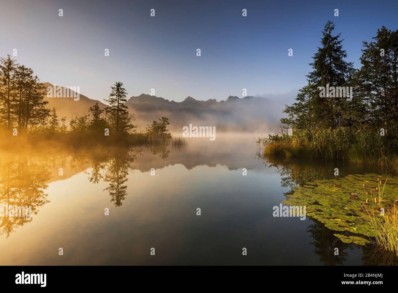 Barmsee, Karwendel, Bavaria, Germany, foggy mood at sunrise Stock Photo