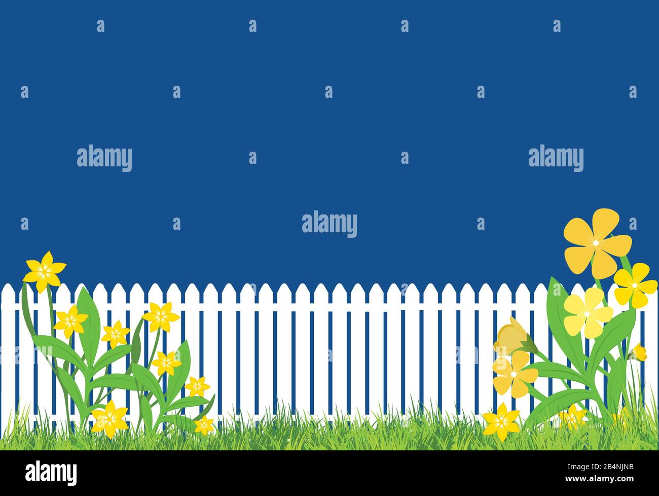 flowers and grass with white picket fence and classic blue background Stock Vector