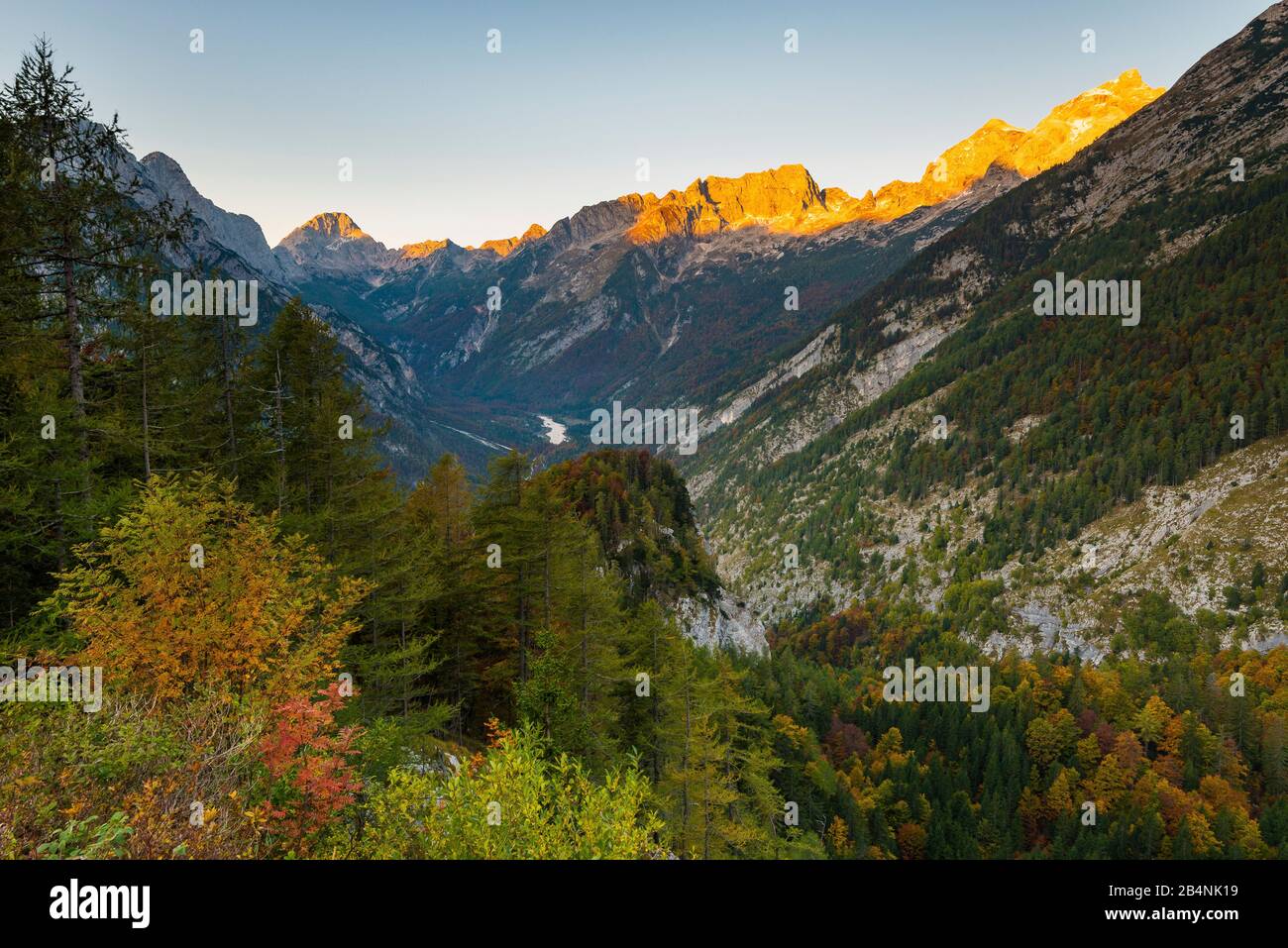 Soca valley in Slovenia, view from federal road 206 towards Trenta, sunrise Stock Photo