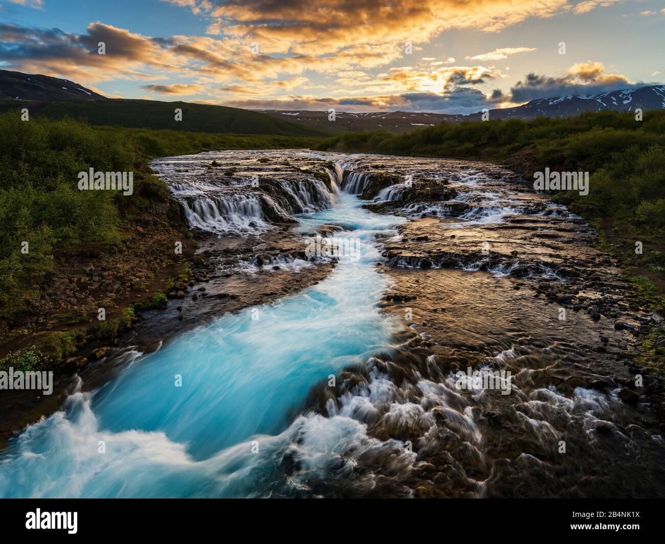 Bruarfoss waterfall in Iceland during the midnight sun Stock Photo
