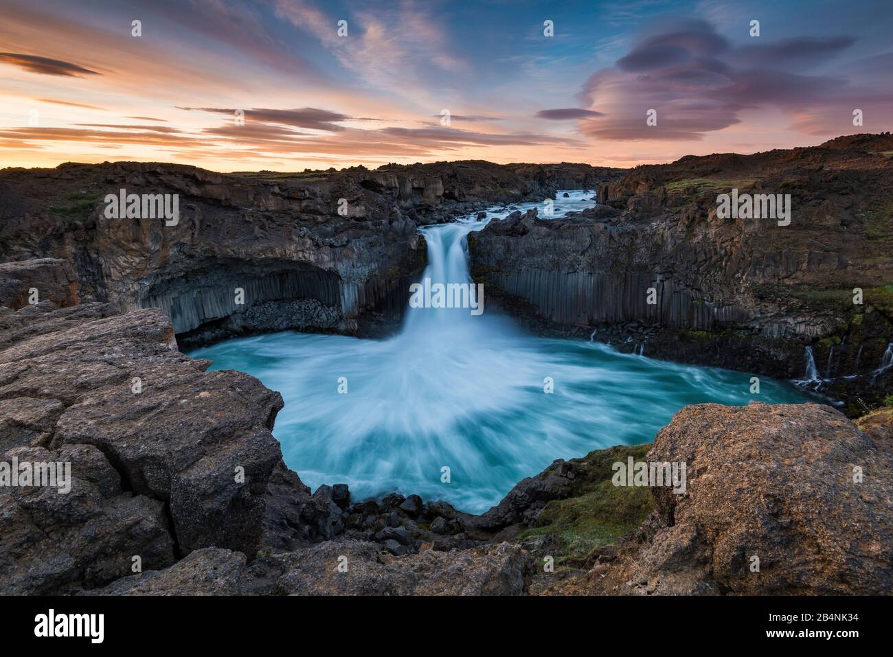 Aldeyjarfoss waterfall, Iceland, during the midnight sun at night Stock Photo