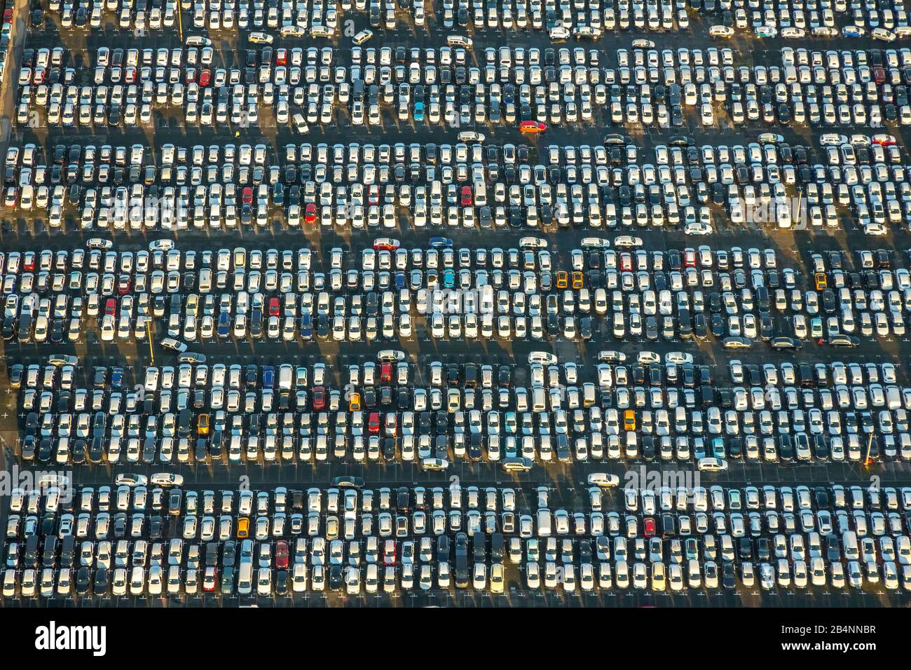 Aerial view, CAT Automobillogistik Essen GmbH, car dealer, car dump, logistics service, parking lots, Essen, Ruhr area, North Rhine-Westphalia, Germany Stock Photo