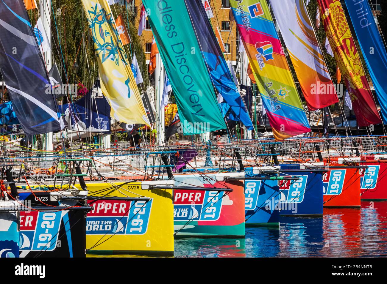 England, London, Wapping, St.Katharine Docks Marina, Colourful Clippers Awaiting The Start of The Bi-Annual Clipper Round The World Yacht Race Stock Photo