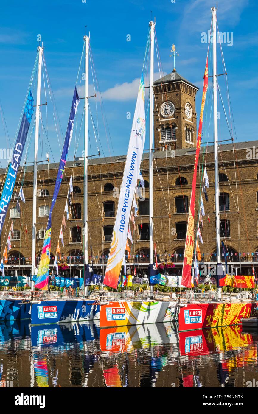 England, London, Wapping, St.Katharine Docks Marina, Colourful Clippers Awaiting The Start of The Bi-Annual Clipper Round The World Yacht Race Stock Photo