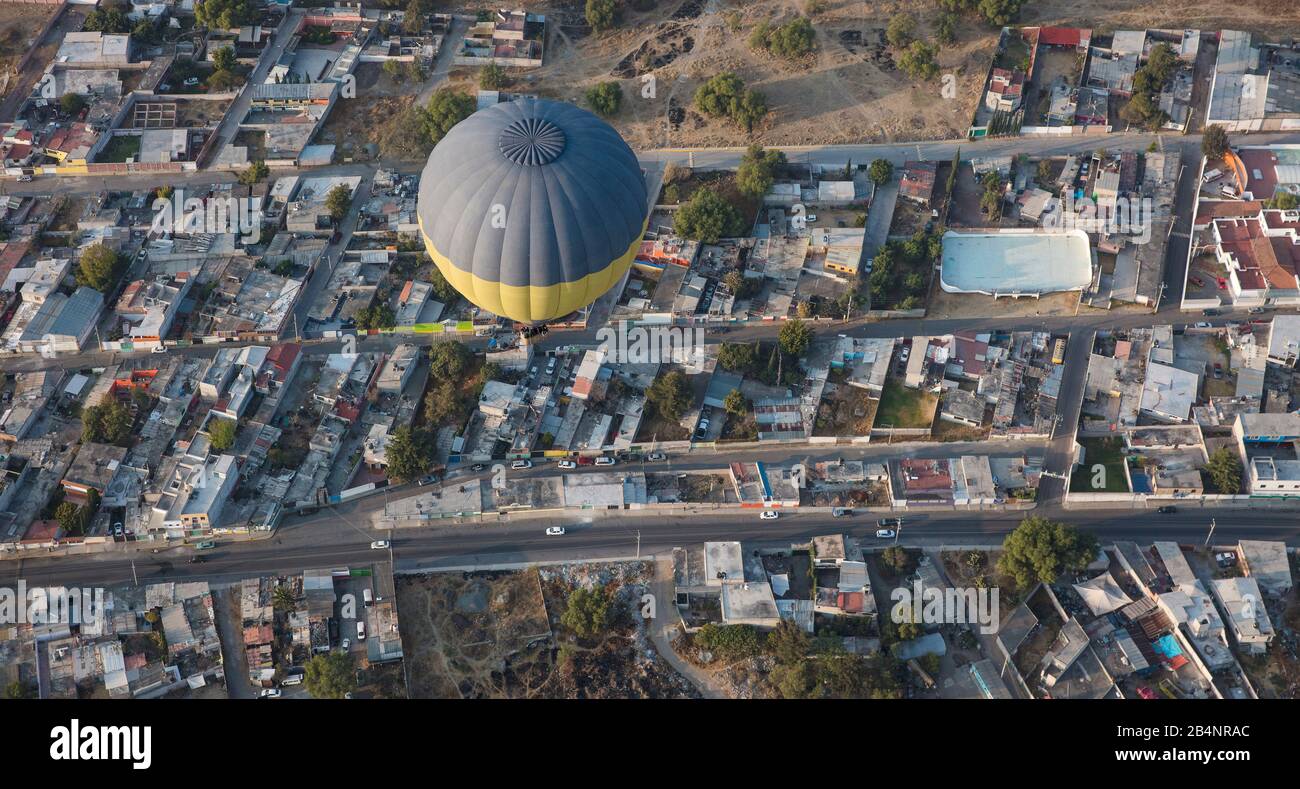 Hot air balloon over San Martin de los Piramides, State of Mexico, Mexico Stock Photo