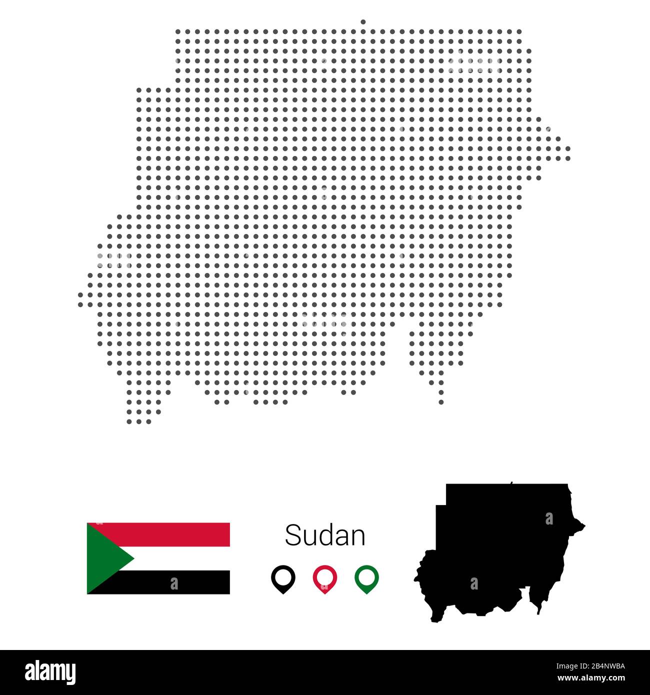 Sudan map vector dotted, with flag and pin. Vector Illustration Stock Vector