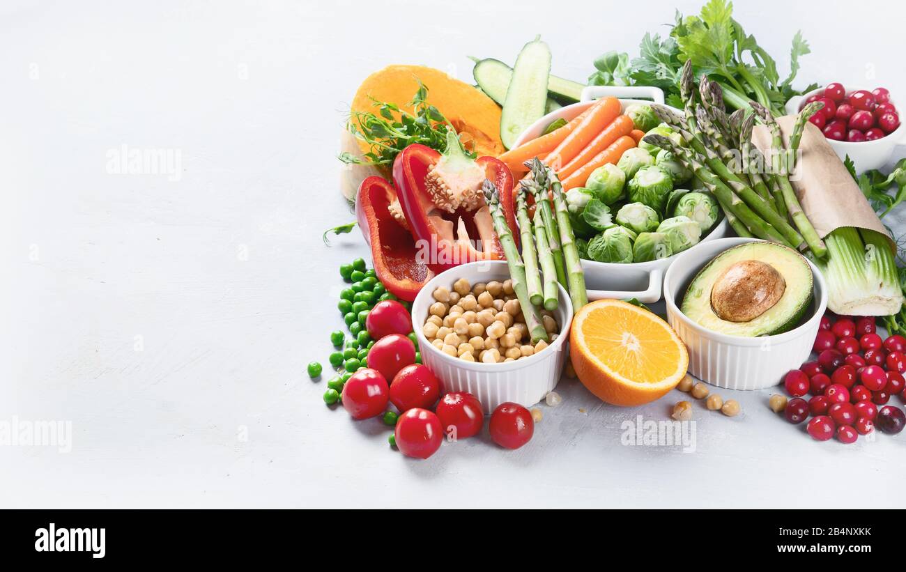 Vegan diet food. Selection of rich fiber sources vegan food. Foods high ...